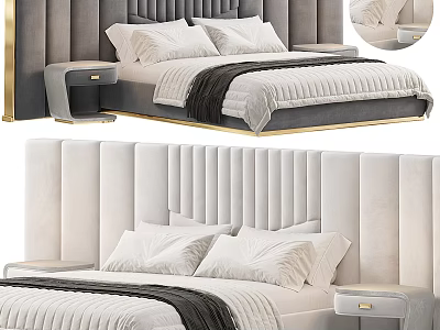 Luxury Double Bed With Velvet Headboard Striped Bedspread Pillows And Nightstand 3d model