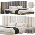 Luxury Double Bed With Velvet Headboard Striped Bedspread Pillows And Nightstand