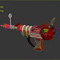 Futuristic Red Weapon with Silver Components Gauge and Scope in Sleek Mechanical Design