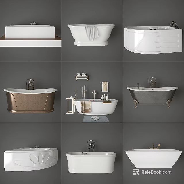 Modern And Classic Bathtub Designs With Copper White Gray Finishes And Faucet Towel Racks 3d model 
