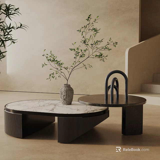 Modern Minimalist Sofa And Coffee Table Set With Marble Top Black Frame 3d model