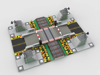 Building Blocks Railroad Crossing Scene With Tracks Signal Lights Yellow Warning Strips And Structures 3d model