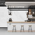 Modern Coffee Shop Bar Counter With Coffee Machine Stools And Sketch Wall Art