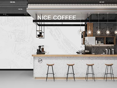 Modern Coffee Shop Bar Counter With Coffee Machine Stools And Sketch Wall Art 3d model