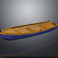 Wooden Small Boat With Blue Hull And Orange Seats For Water Transportation