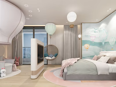 Kids Hotel Guest Room With Hot Air Balloon Decor Mural Bed Pendant Lights And Rug 3d model