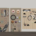 Organized Sports Equipment on Wall Mounted Pegboard with Skateboards Darts Basketball Volleyball and Bicycle
