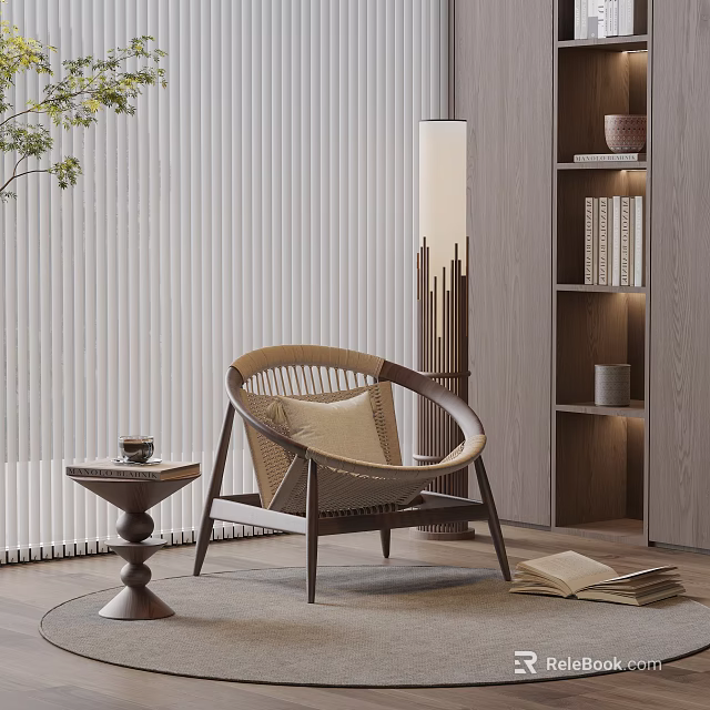 Cozy Rattan Leisure Chair with Wooden Frame Round Side Table Near Floor Lamp and Bookshelf 3d model 
