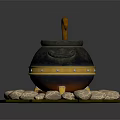 Black Cauldron with Green Liquid Curved Handle on Wooden Stand with Stones and Flames Around