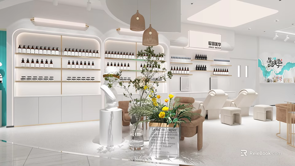Modern Beauty Specialty Store Interior With Product Shelves Comfortable Seating Green Plants Wooden Pendant Lights 3d model 