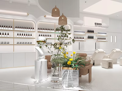 Modern Beauty Specialty Store Interior With Product Shelves Comfortable Seating Green Plants Wooden Pendant Lights 3d model