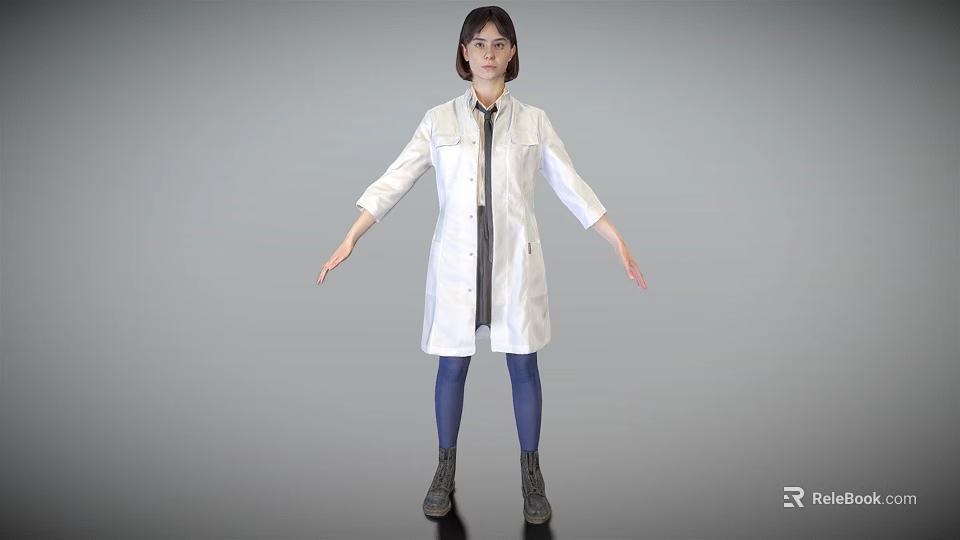 Woman in White Lab Coat Tie Blue Leggings Black Boots Grey Background Arms Outstretched 3d model 
