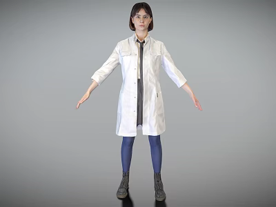 Woman in White Lab Coat Tie Blue Leggings Black Boots Grey Background Arms Outstretched 3d model