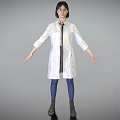 Woman in White Lab Coat Tie Blue Leggings Black Boots Grey Background Arms Outstretched