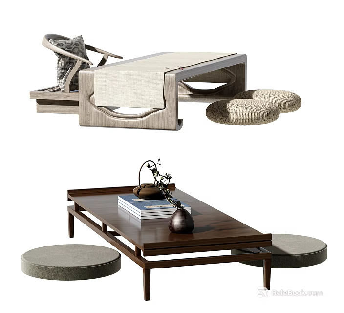 Elegant Tea Table And Chairs With Books Tea Set Decorations And Soft Cushions 3d model 
