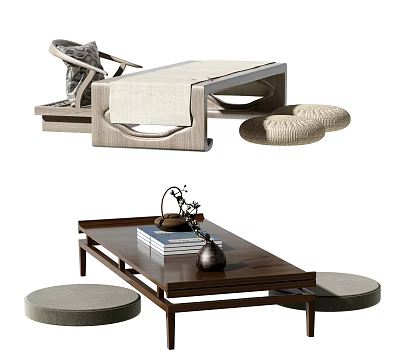 Elegant Tea Table And Chairs With Books Tea Set Decorations And Soft Cushions 3d model