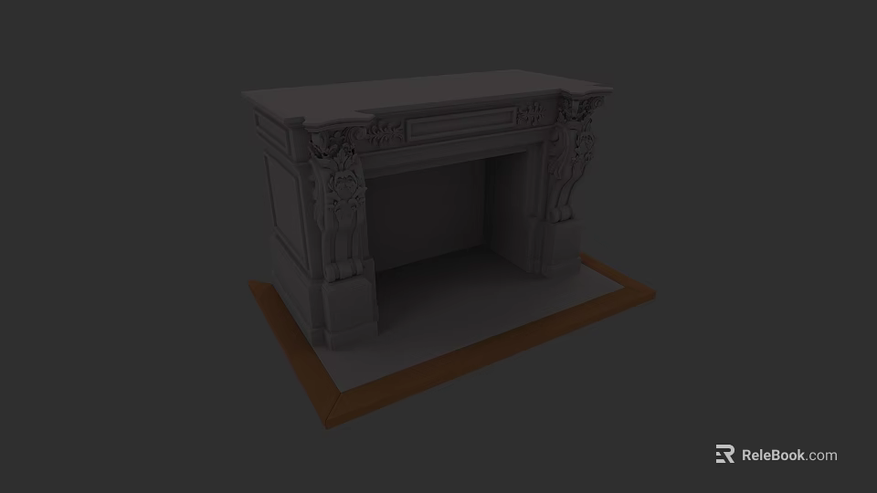 Classic Stone Fireplace Interior With Carved Details And Wooden Base 3d model 
