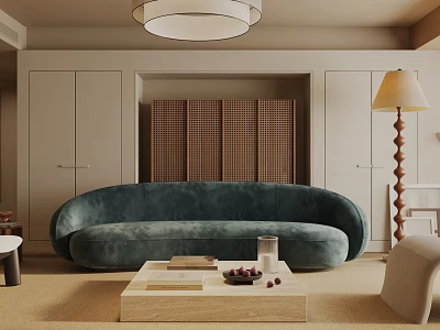 Modern Living Room Interior With Teal Velvet Curved Sofa Wooden Coffee Table And Floor Lamp 3d model