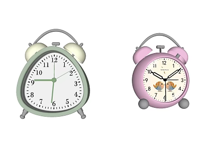 Vintage Analog Alarm Clocks in Green and Pink with Bells and Classic Design 3d model