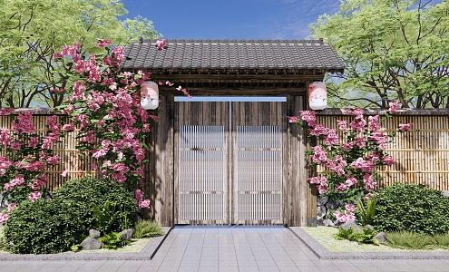 Chinese-style Country Courtyard Gate Courtyard Gate Enclosure Small Chai Gate Homestay Small Courtyard Gate Bamboo Fence Vine Plants Rose 3d model