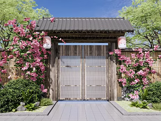 Chinese-style Country Courtyard Gate Courtyard Gate Enclosure Small Chai Gate Homestay Small Courtyard Gate Bamboo Fence Vine Plants Rose 3d model