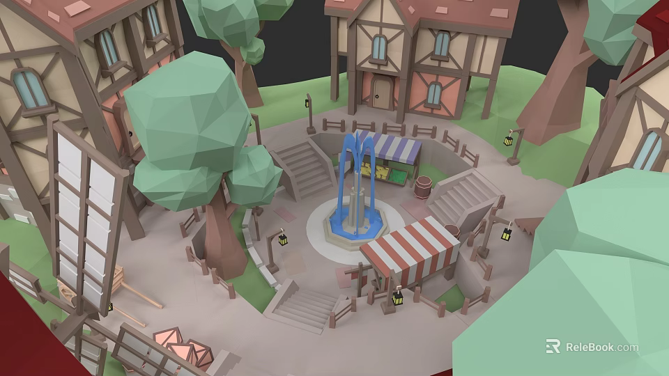 Low Poly Style City Buildings With Red Roofs Central Fountain Trees And Striped Awning Stalls 3d model 