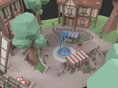 Low Poly Style City Buildings With Red Roofs Central Fountain Trees And Striped Awning Stalls 3d model