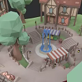 Low Poly Style City Buildings With Red Roofs Central Fountain Trees And Striped Awning Stalls