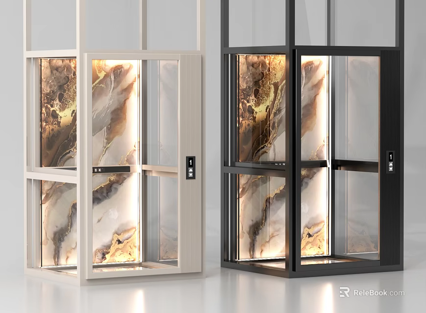 Modern Glass Elevator with Illuminated Marble Interior and Stylish Design 3d model