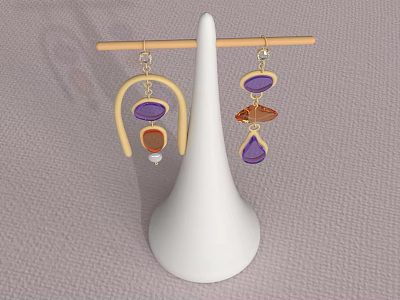 Purple And Gold Irregular Shaped Earrings Displayed On White Cone Stand 3d model