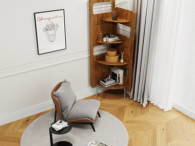 Modern Accent Chair With Round Rug Small Side Table Wooden Shelf And Wall Art 3d model