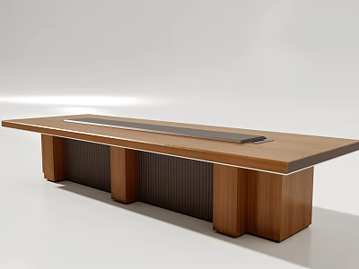 Modern Wooden Conference Table with Long Tabletop Central Strip and Sturdy Wooden Legs 3d model