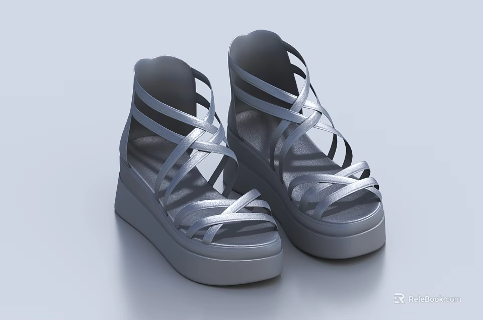 Stylish Gray Platform Sandals With Crisscross Straps And Thick Sole 3d model 