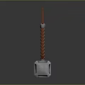 Medieval War Hammer With Silver Metal Head And Red Braided Leather Handle