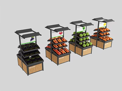 Multi tiered Fruit Display Shelves with Black Tops and Wooden Bases for Supermarket Fresh Produce 3d model
