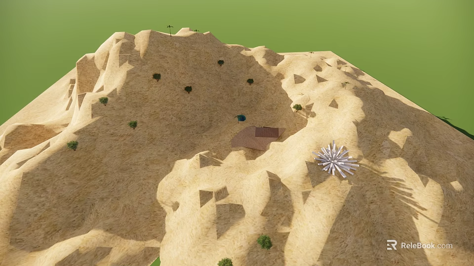 Cartoon Desert Scene With Sand Dunes Small House Cacti And Star Shaped Structure 3d model 