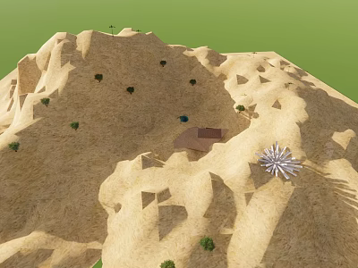 Cartoon Desert Scene With Sand Dunes Small House Cacti And Star Shaped Structure 3d model