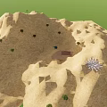 Cartoon Desert Scene With Sand Dunes Small House Cacti And Star Shaped Structure