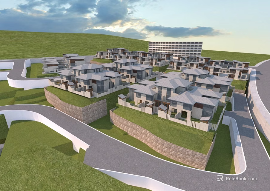 Modern Residential Buildings on Green Hillside With Curved Roads and Surrounding Greenery 3d model 