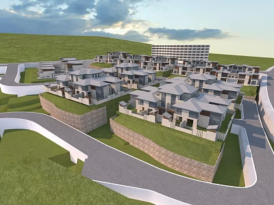 Modern Residential Buildings on Green Hillside With Curved Roads and Surrounding Greenery 3d model