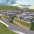 Modern Residential Buildings on Green Hillside With Curved Roads and Surrounding Greenery