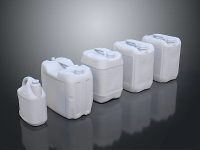 White Plastic Buckets of Various Sizes Arranged in a Row on Black Background 3d model