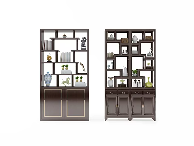 Dark Wooden Decorative Cabinet With Gold Accents And Shelves For Decor Items 3d model