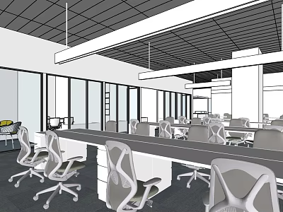 Modern Public Office Space With Open Layout Glass Partitions Long Tables And Ergonomic Chairs 3d model