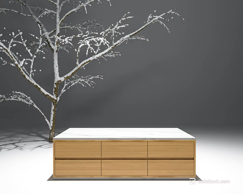 Wooden Coffee Table With White Top And Drawers Next To Snowy Tree 3d model 