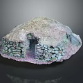 Cartoon Style Thatched Roof Cottage With Stone Walls And Small Doorway