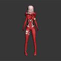 Game Movie Character in Red Sleek Outfit with Pink Hair and Futuristic Design