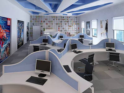Modern Public Office Space With Cubicle Workstations Computers Wall Posters And Blue Ceiling 3d model