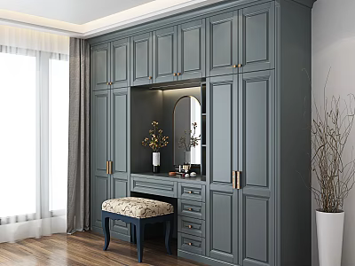 Dark Gray Wardrobe with Golden Handles Dressing Mirror Area Drawers and Stool with Patterned Cushion 3d model