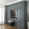 Dark Gray Wardrobe with Golden Handles Dressing Mirror Area Drawers and Stool with Patterned Cushion